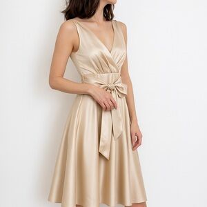 Suzi Chin for Maggy Boutique | Satin Cream Sleeveless A Line Empire Waist Dress